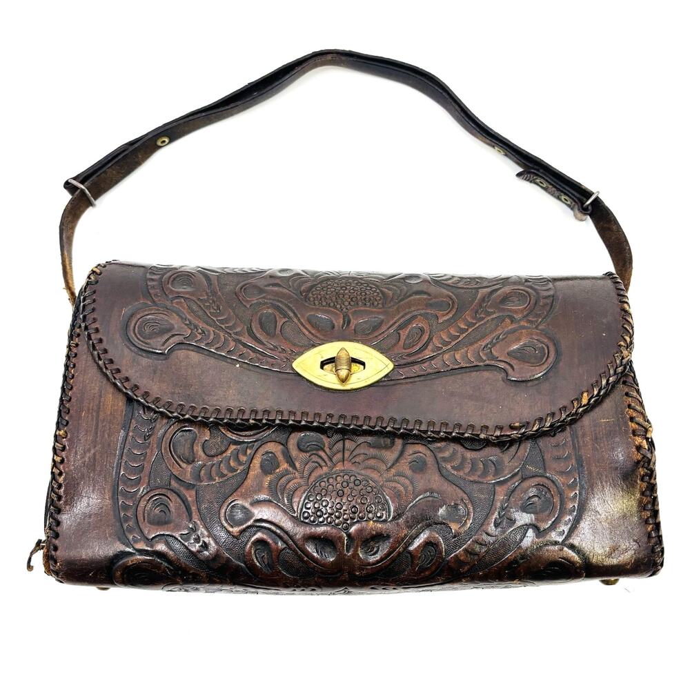 Large Vintage Hand Tooled Leather Satchel / Purse True VTG Joo Kay